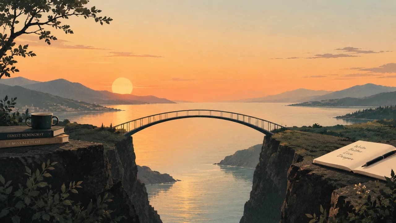 Sunset over the sea with a small bridge between two cliffs, books and an open notebook on the rocks